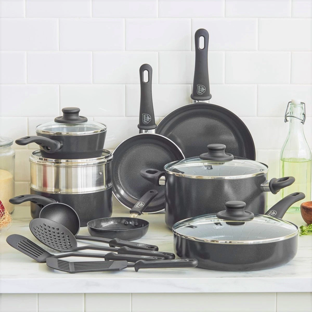 GreenLife Soft Grip <br> 16pc Cookware Sets, Black 4 GreenLife Soft Grip <br> 16pc Cookware Sets, Black - Image 2