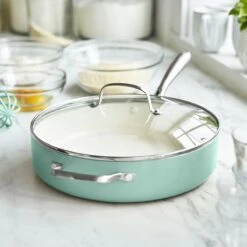 GREENLIFE ARTISAN <br> SKILLET WITH LID, Turquoise - 30CM -Greenpan Shop GL Y 12inSkilletlid Turq CC004703 01