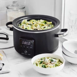 Bistro Slow Cooker<br> Black, 3.7L -Greenpan Shop GP BistroNoirSlowCooker .75 Angle Kitchen RecipeStew LidOff LifeStyle Tortellini